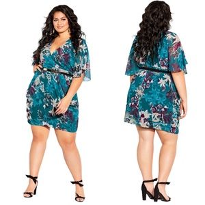 City Chic Envelop Me teal blouson short flutter sleeve dress - missing belt
